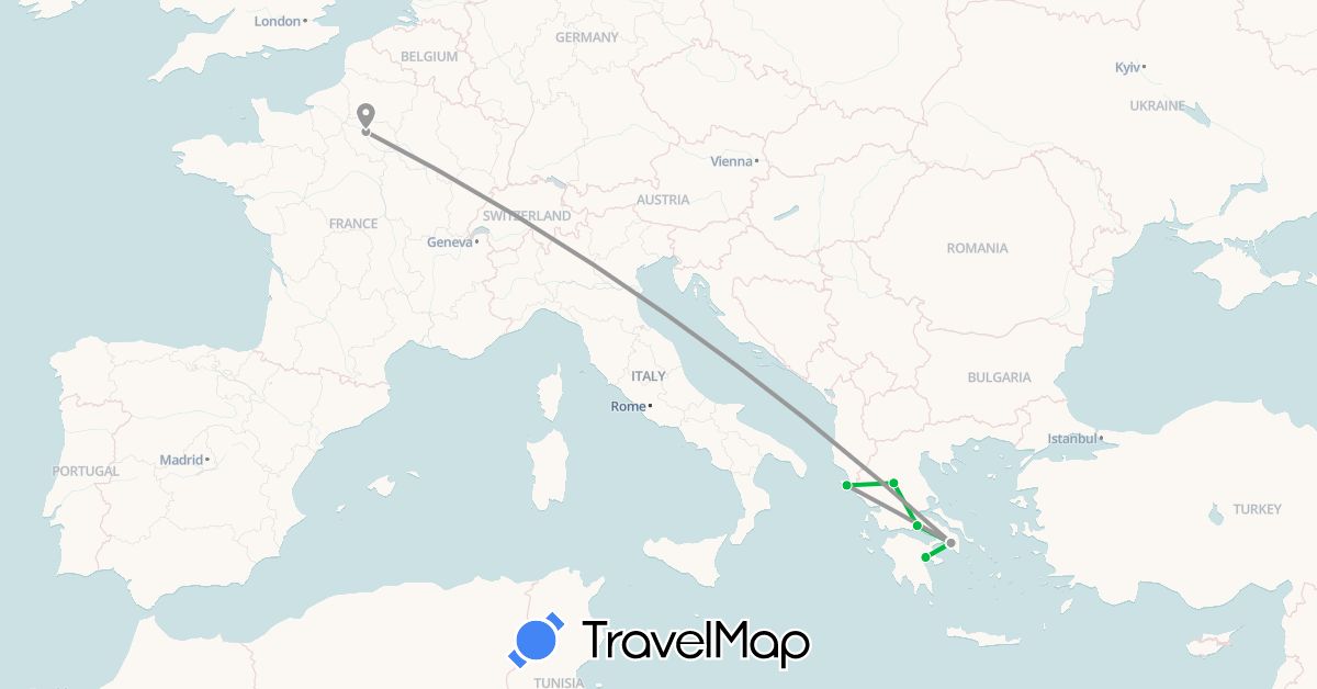 TravelMap itinerary: bus, plane in France, Greece (Europe)